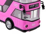 Růžový patrový autobus s otevíracími dveřmi