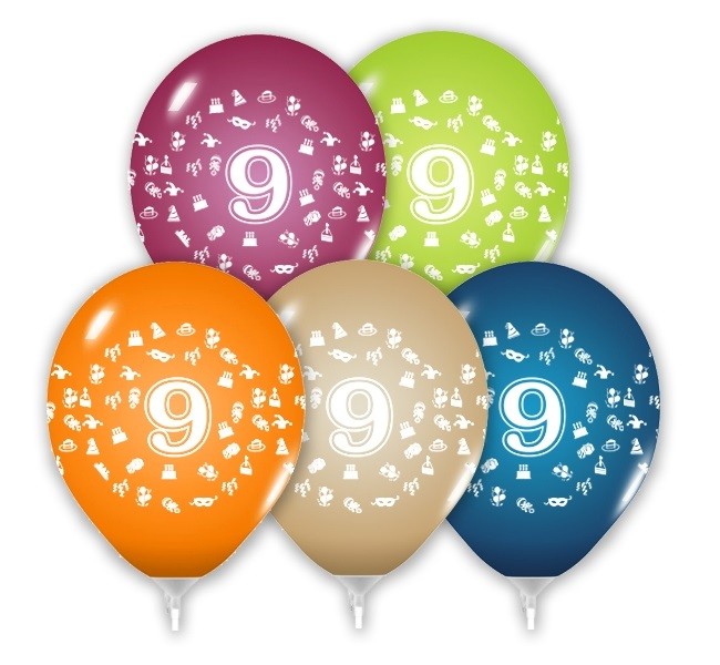 Balóny 30 cm s číslem 9 - 5 ks
