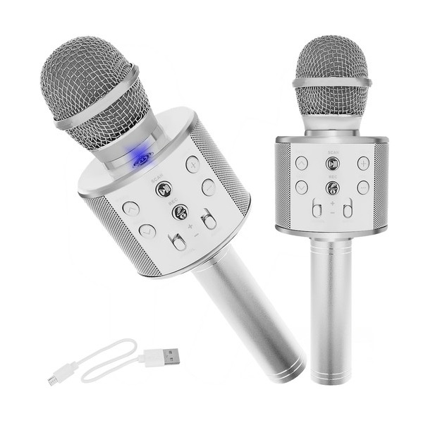 Bezdrátový karaoke mikrofon stříbrný - akce: poškozená krabice