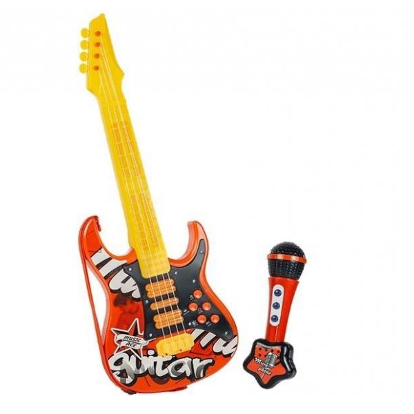 Červená elektrická rocková kytara s mikrofonem