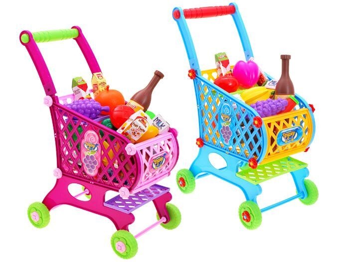 Dětský nákupní vozík s potravinami - modrá
