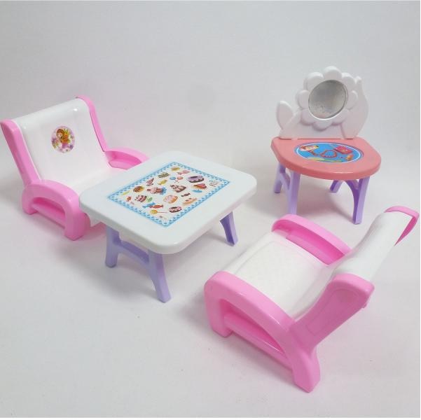 Konferenční stolek s křesly pro panenky - bílo růžová