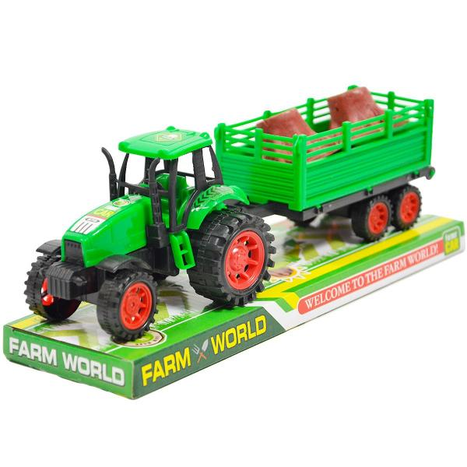 Dětský traktor s vlečkou a dřevem
