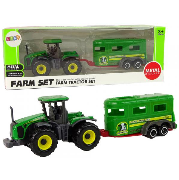 Zelený traktor s přívěsem pro převoz zvířat